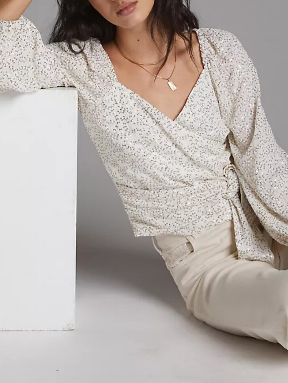 NWT Anthropologie Cream Wrap Blouse with Gold Sequin Detail..Size:M